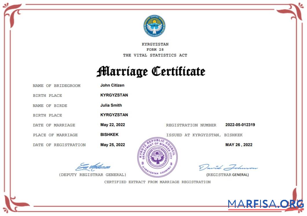 Realistic Kyrgyzstan marriage certificate Word and PDF template